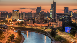 Aerial night panorama of Vilnius Lithuania