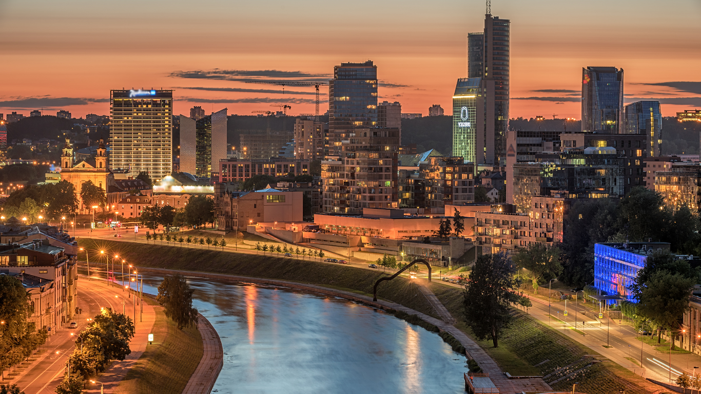 Aerial night panorama of Vilnius Lithuania