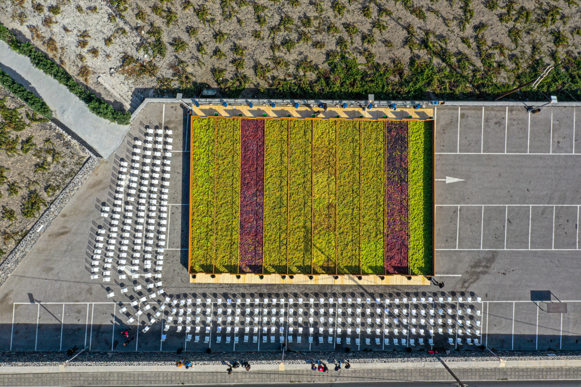 Aerial view of Santorini grape stomping.