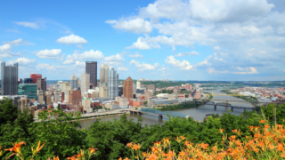A bright and colorful view of downtown Pittsburgh on a sunny day, with the city's skyline framed by lush greenery and vibrant orange lilies in the foreground. The rivers and bridges that define the city's landscape stretch out under a blue sky dotted with clouds.