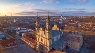 City skyline at sunset