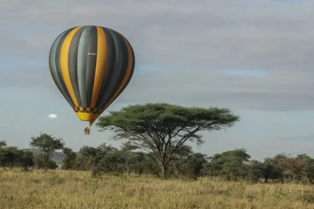 Balloon safari over Tanzania’s Serengeti, offering aerial views of wildlife and stunning landscapes—a unique adventure experience in East Africa's premier safari destination.
