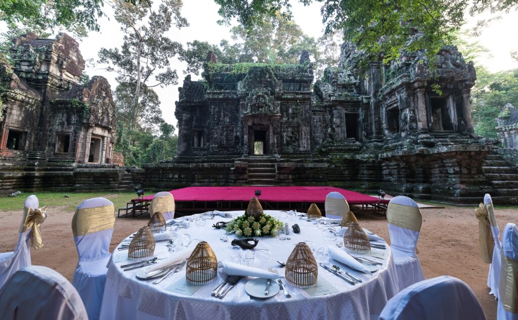 Gala dinner set up at temple in Siem Reap