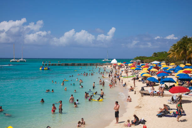 People relax and swim at Doctor's Cave beach