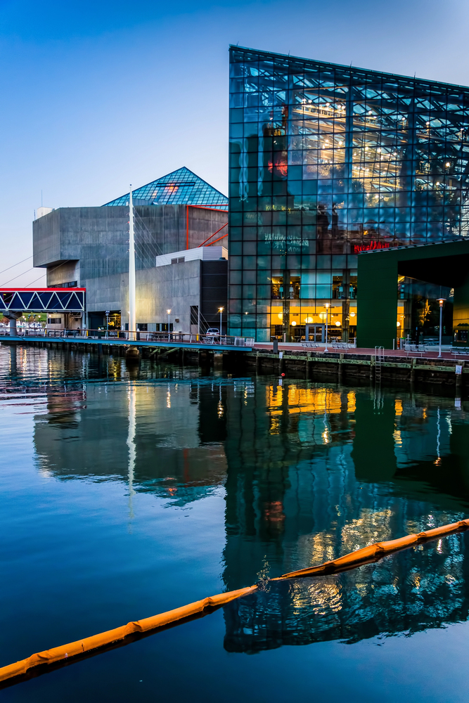national aquarium at twilight in baltimore maryland