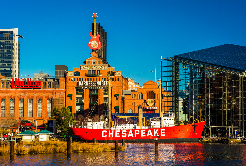 The Powerplant and Chesapeake Lightship in the Inner Harbor of Baltimore, Maryland.