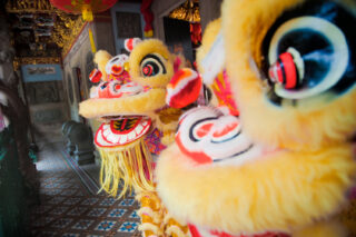 A lion dance show for event in Singapore.