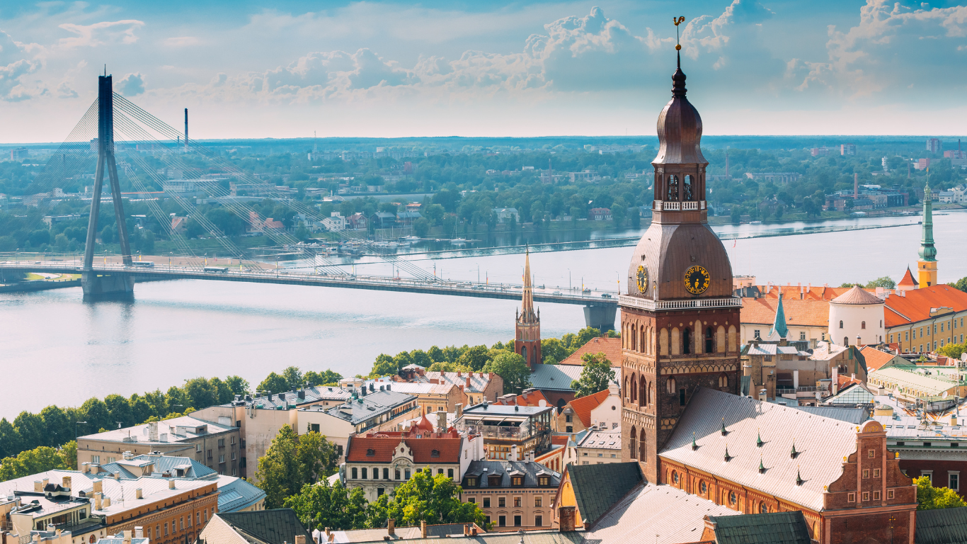 Riga, Latvia. Cityscape In Sunny Summer Day. Famous Landmark Riga Dome Cathedral