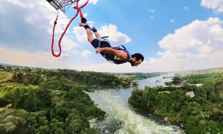 Bungee jumping over the Nile River in Jinja, Uganda, a thrilling adventure experience offering scenic views and adrenaline-packed fun in East Africa.
