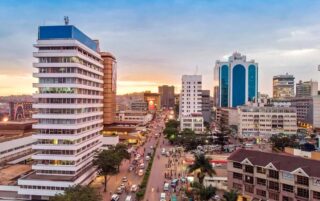 Panoramic view of Kampala, Uganda’s vibrant capital, with iconic hills, modern buildings, and bustling markets—East Africa’s hub for business, culture, and tourism.
