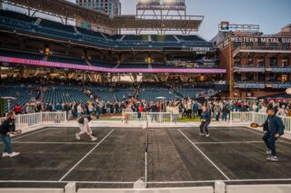4 guests playing pickleball at Petco Park
