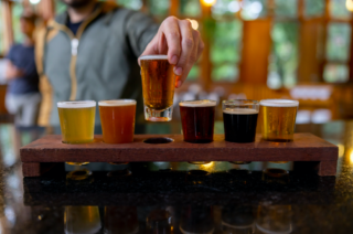 a hand picking up a glass from a beer tasting