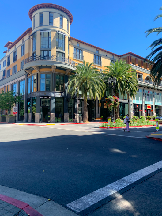 crosswalk with building and palm trees in the background