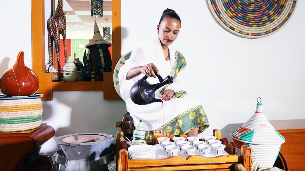 Traditional Ethiopian coffee ceremony with freshly brewed coffee, highlighting Ethiopia's rich cultural heritage and coffee traditions.