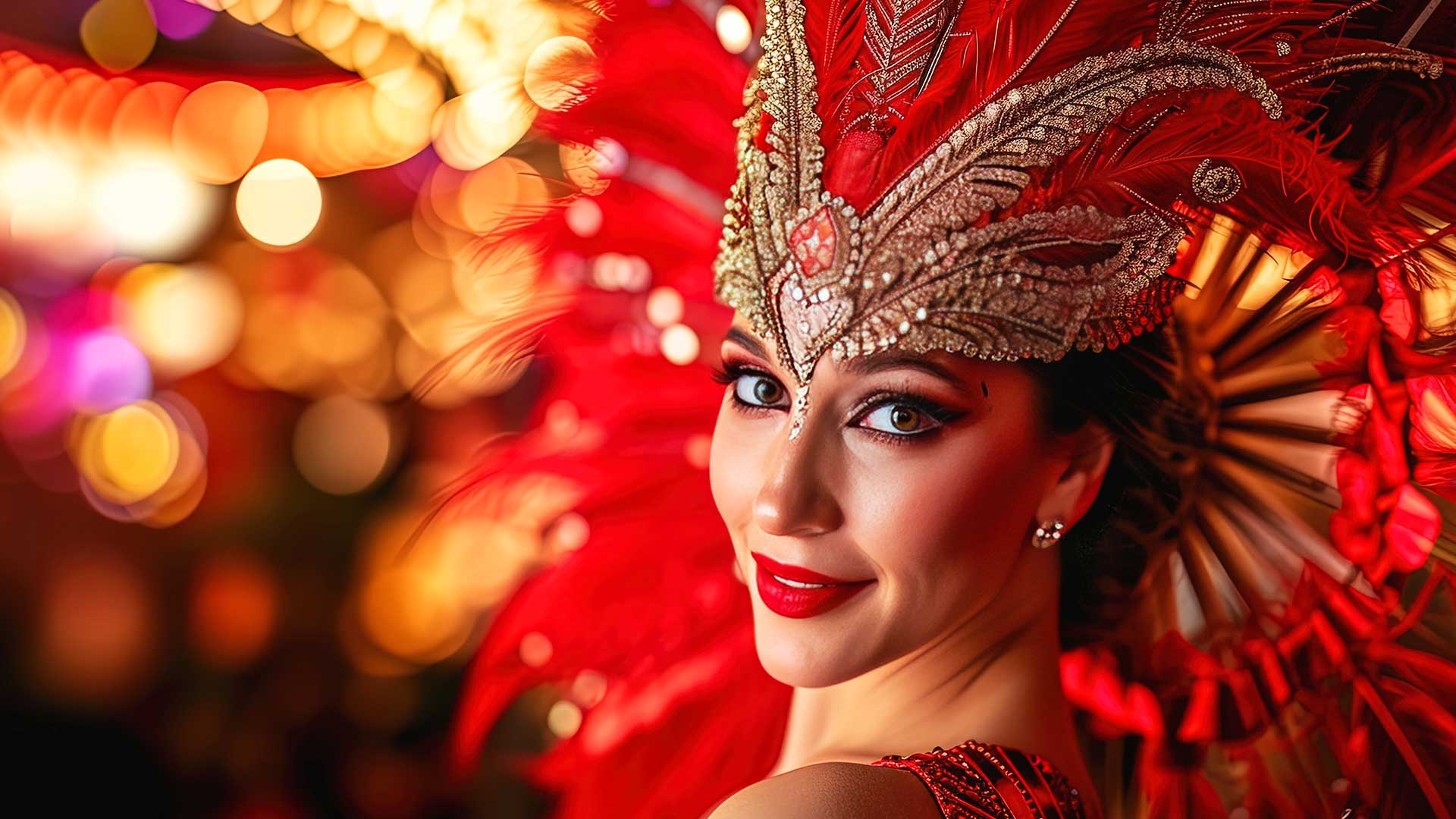 Close-up of a glamorous showgirl wearing an ornate red feathered headdress with a bokeh background