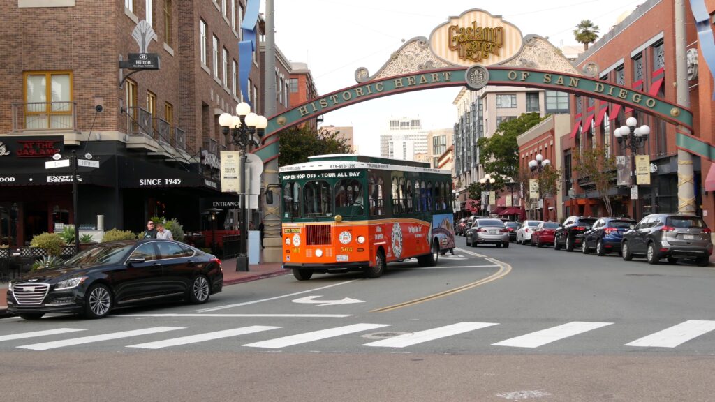 Downtown San Diego - Gaslamp with open air trolley
