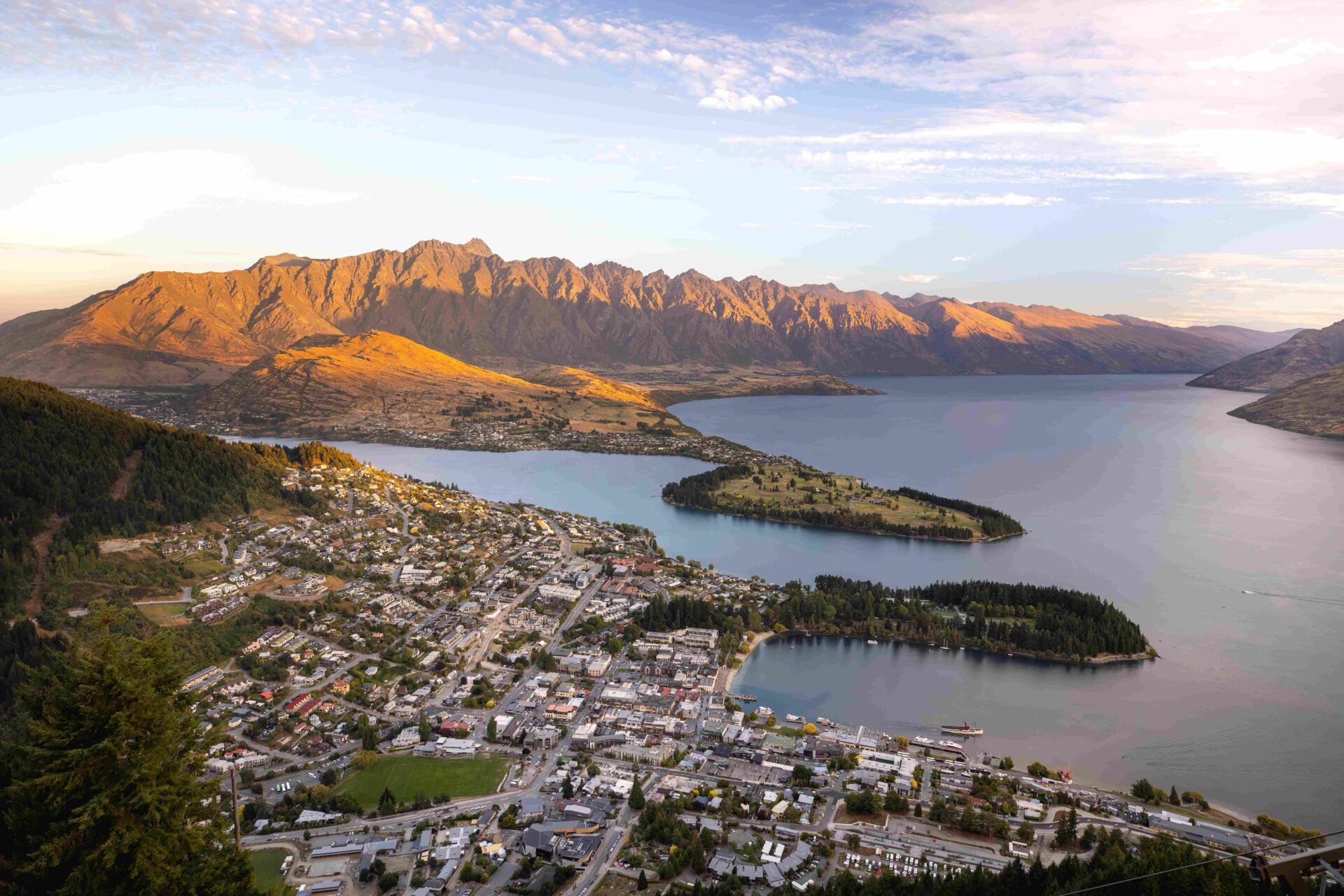 Aerial view over Queenstown and Lake Wakatipu