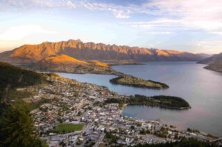 Aerial view over Queenstown and Lake Wakatipu