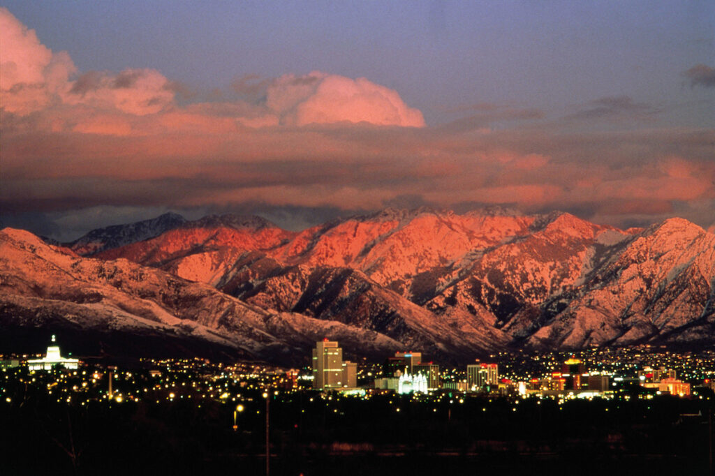 Salt Lake Winter Skyline and Red Orange Sunset