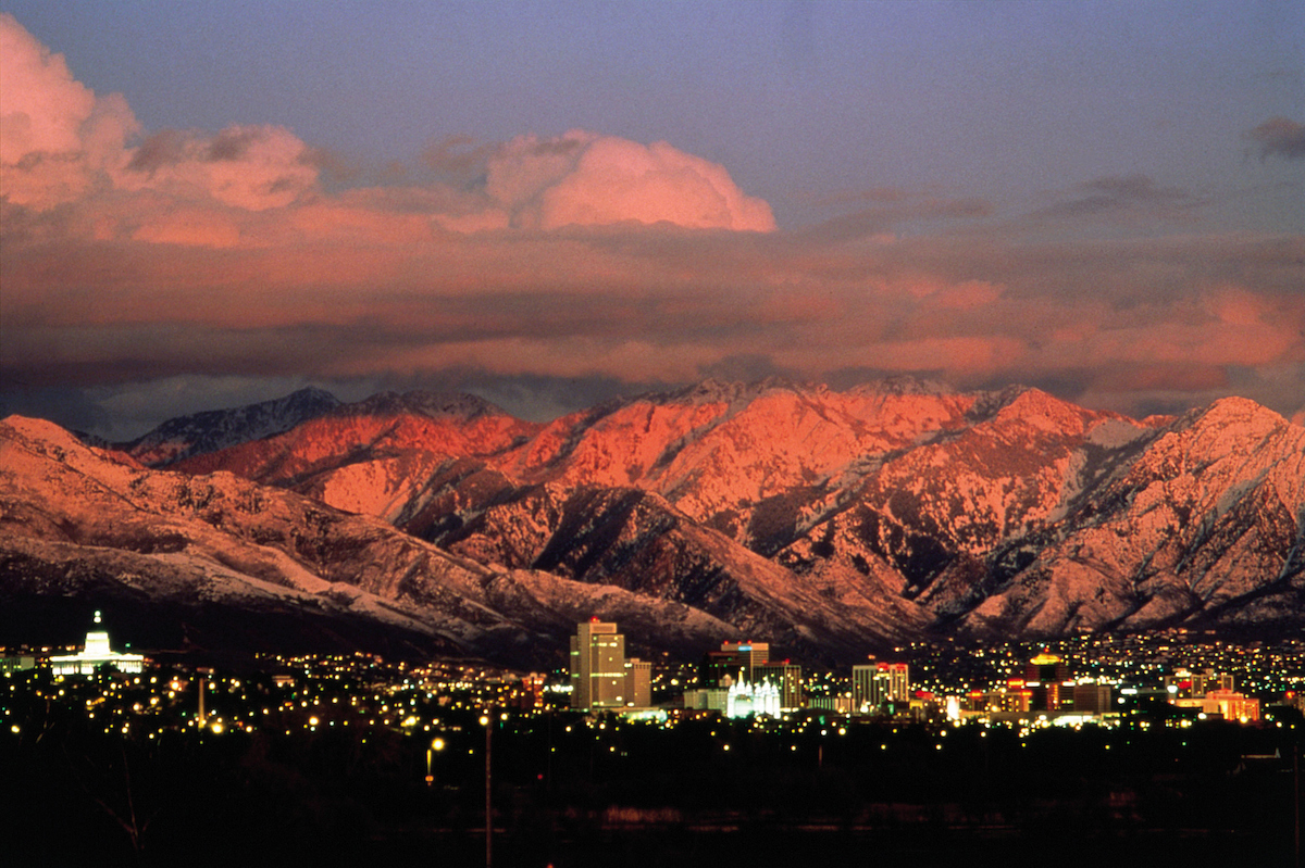 Salt Lake Winter Skyline and Red Orange Sunset
