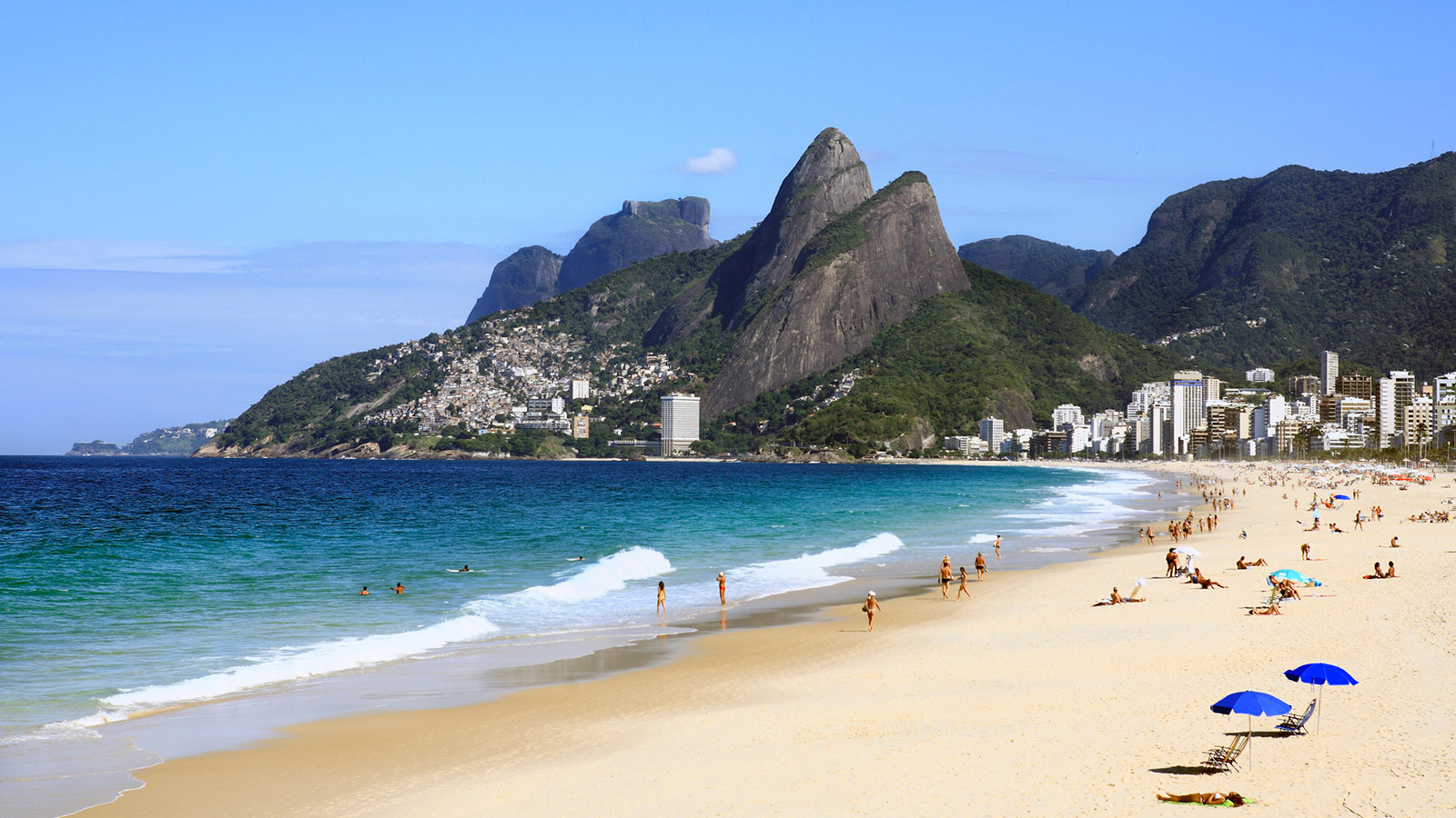 View of Ipanema beach and Morro Dois Irmaos (Two Brothers Mountain) in Rio de Janeiro, Brazil.