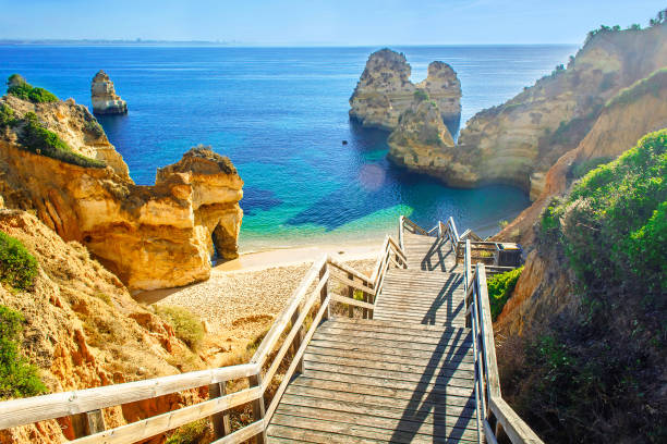 Wooden footbridge to beautiful beach Praia do Camilo near Lagos in Algarve region.