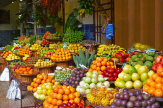 Open air market. Madeira's fruits. Summer day.