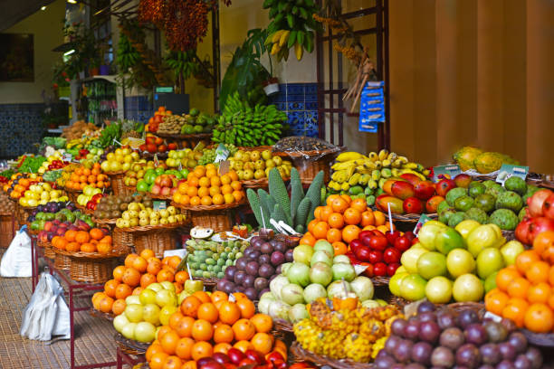 Open air market. Madeira's fruits. Summer day.