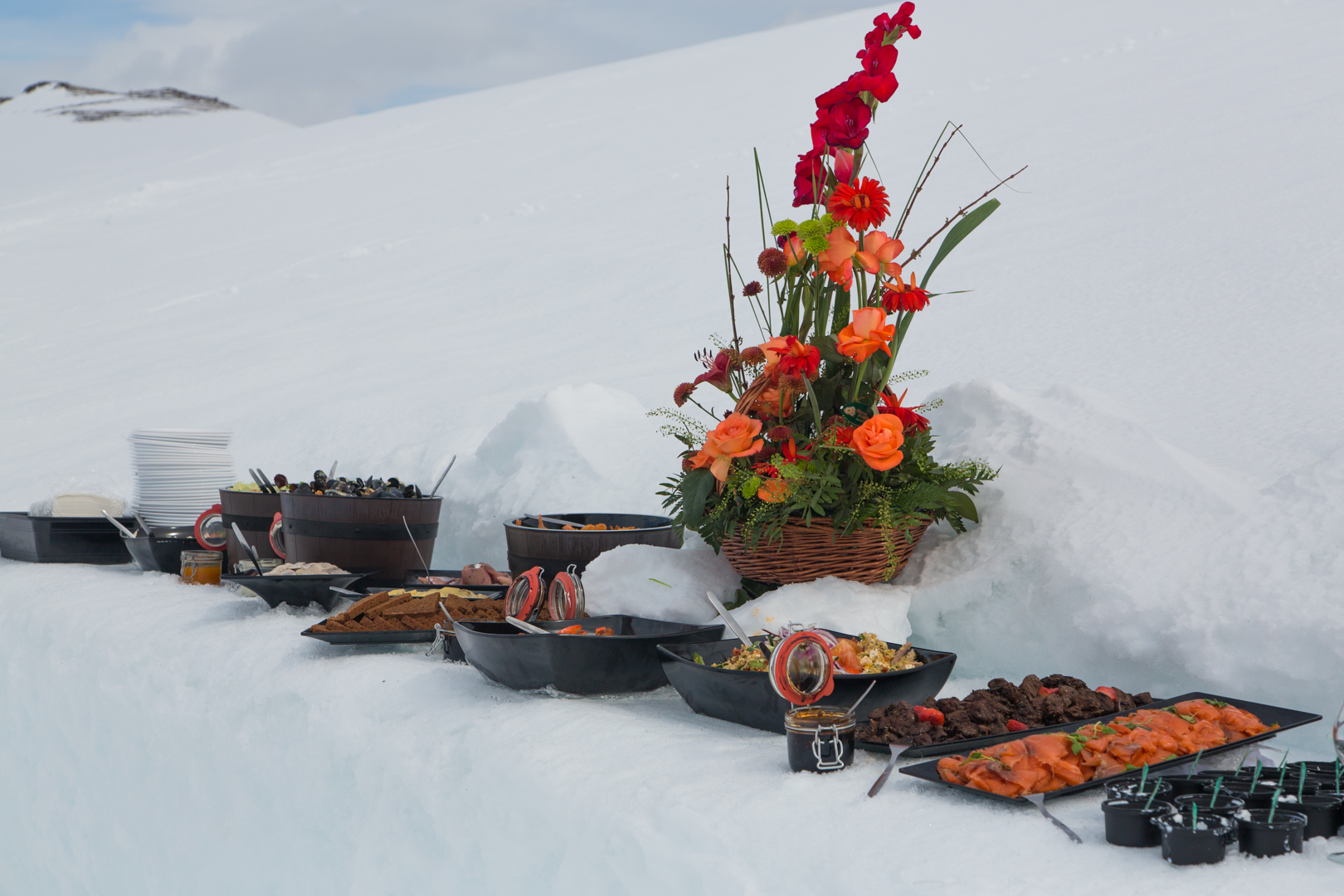 dinner setup in the snow.
