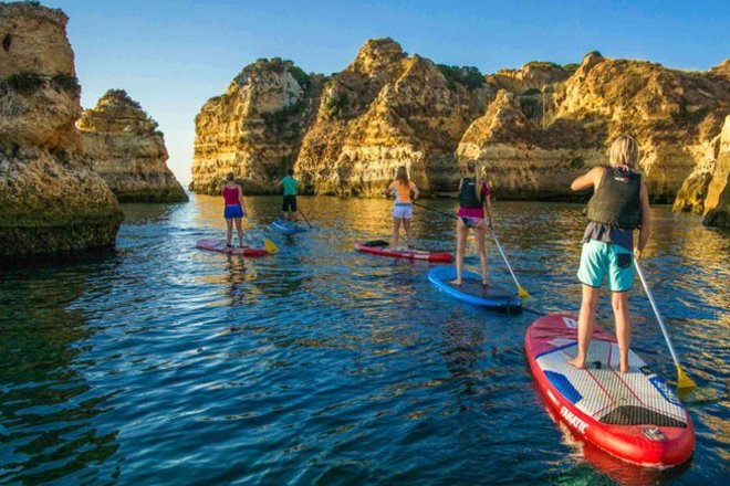 A group on stand up paddle boards