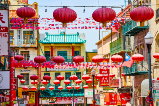 shot of red lanterns hanging in San Francisco