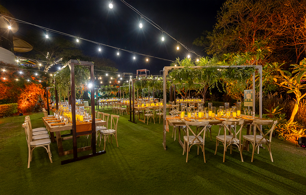 Chairs on a lawn with string lights